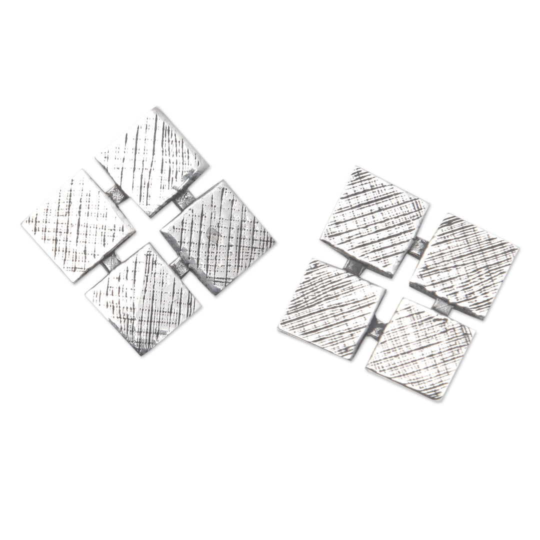 Sterling Silver Rhombus Button Earrings with Textured Finish - Rhombus Splendor