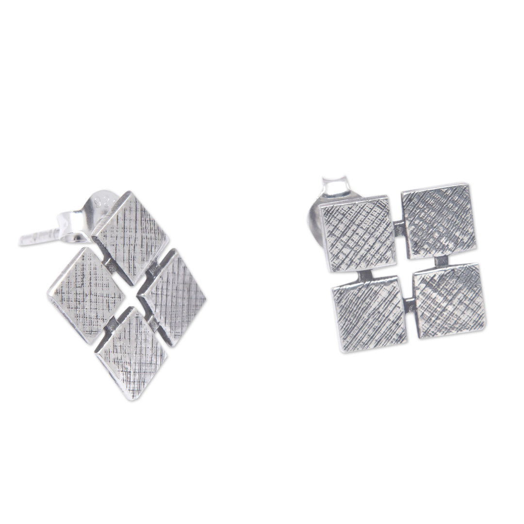 Sterling Silver Rhombus Button Earrings with Textured Finish - Rhombus Splendor