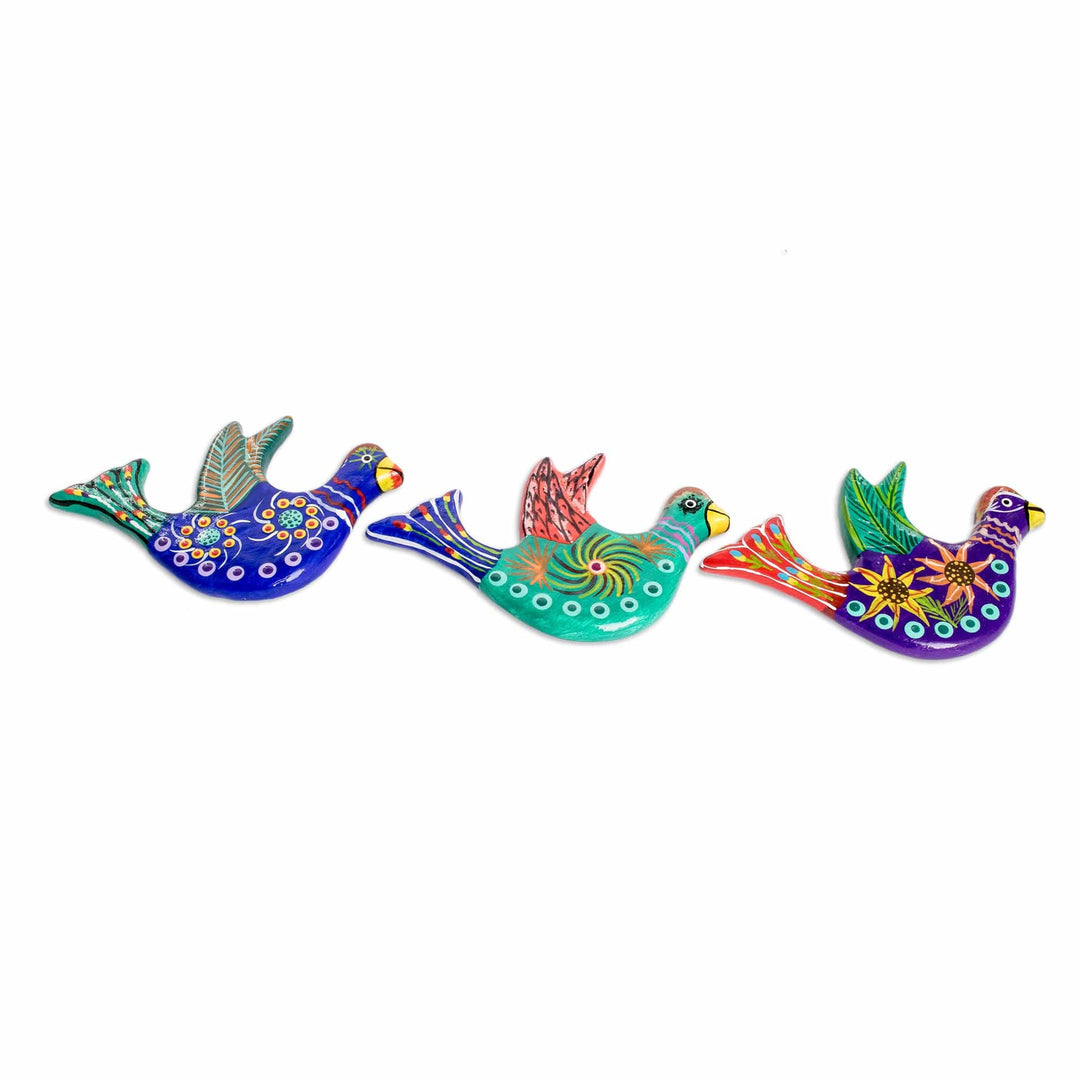 3 Dove Ceramic Magnets with Hand-Painted Floral Accents - Cheerful Doves