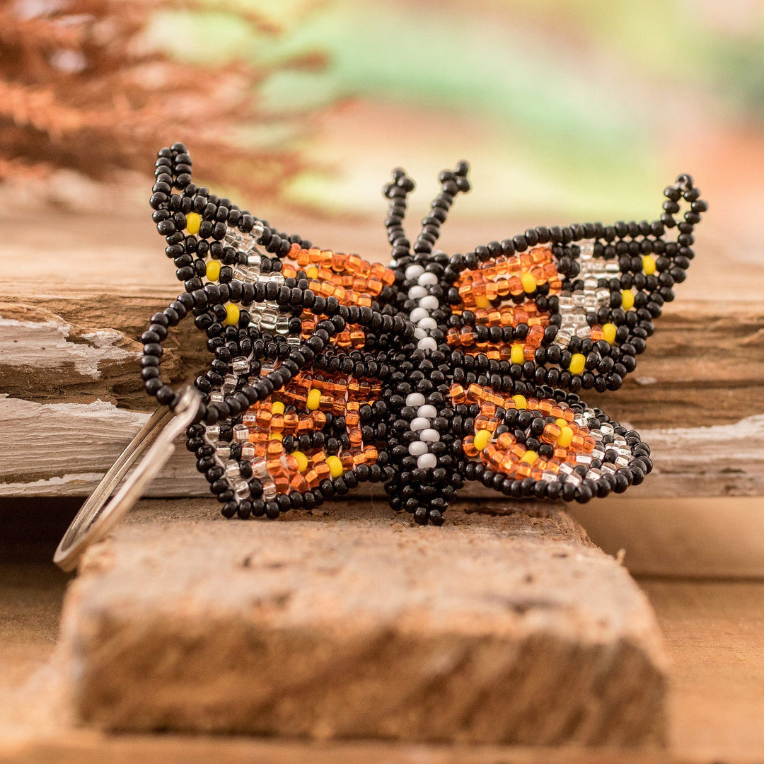 Handcrafted Black and Orange Glass Beaded Butterfly Keychain - Fluttering Hopes