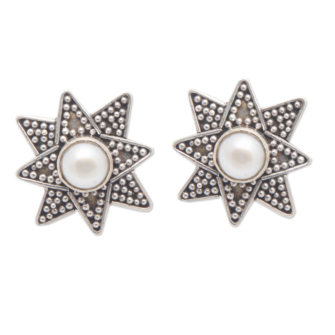 Sterling Silver Star Button Earrings with Cultured Pearls - Chic Star
