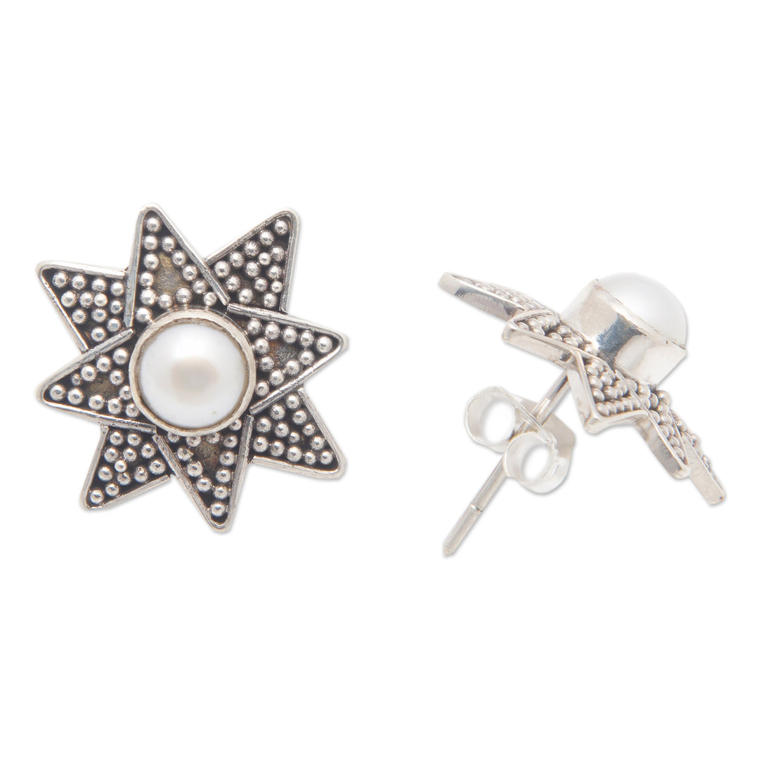 Sterling Silver Star Button Earrings with Cultured Pearls - Chic Star