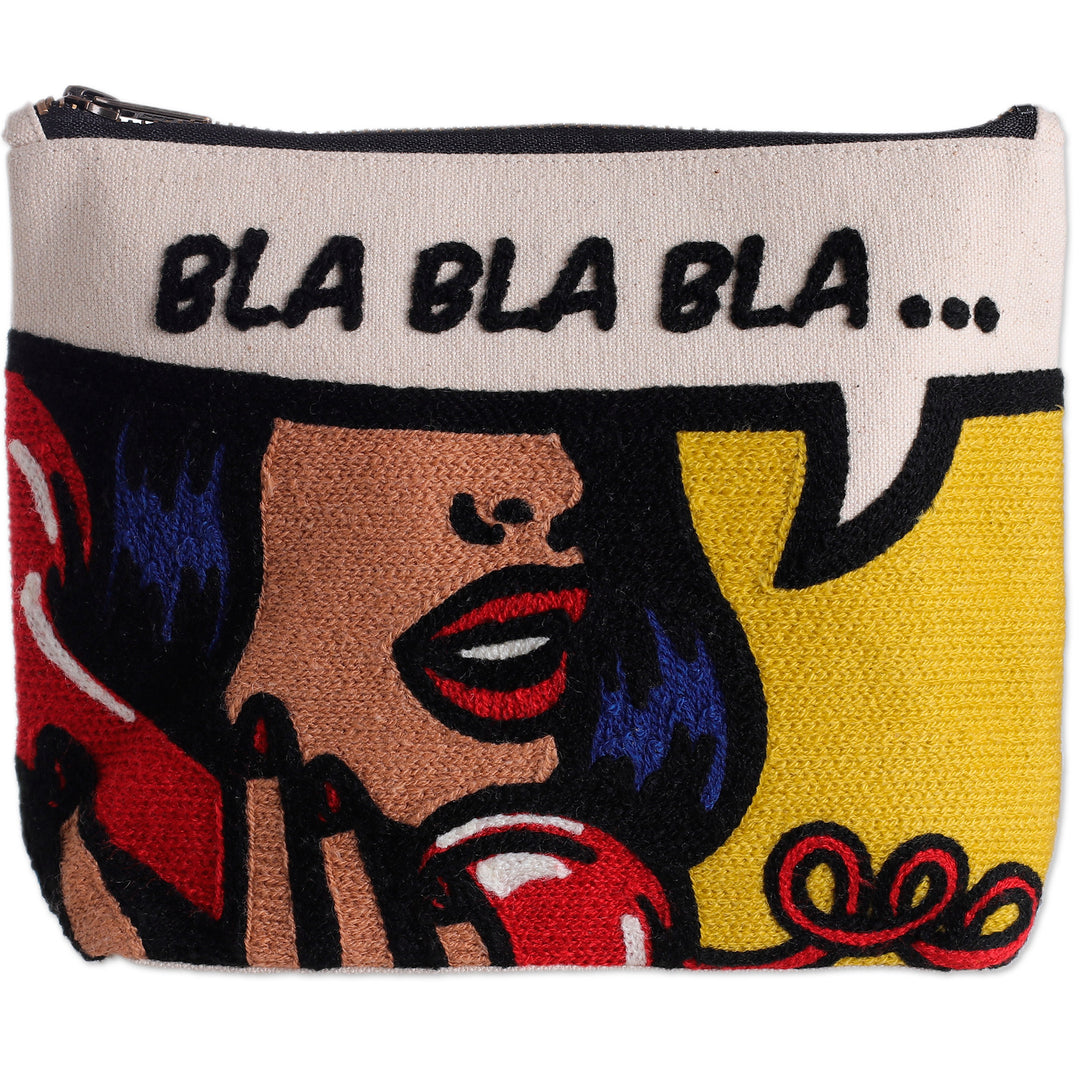 Bold Embroidered Yellow Cotton Cosmetic Bag with Zipper - Bla Bla Bla
