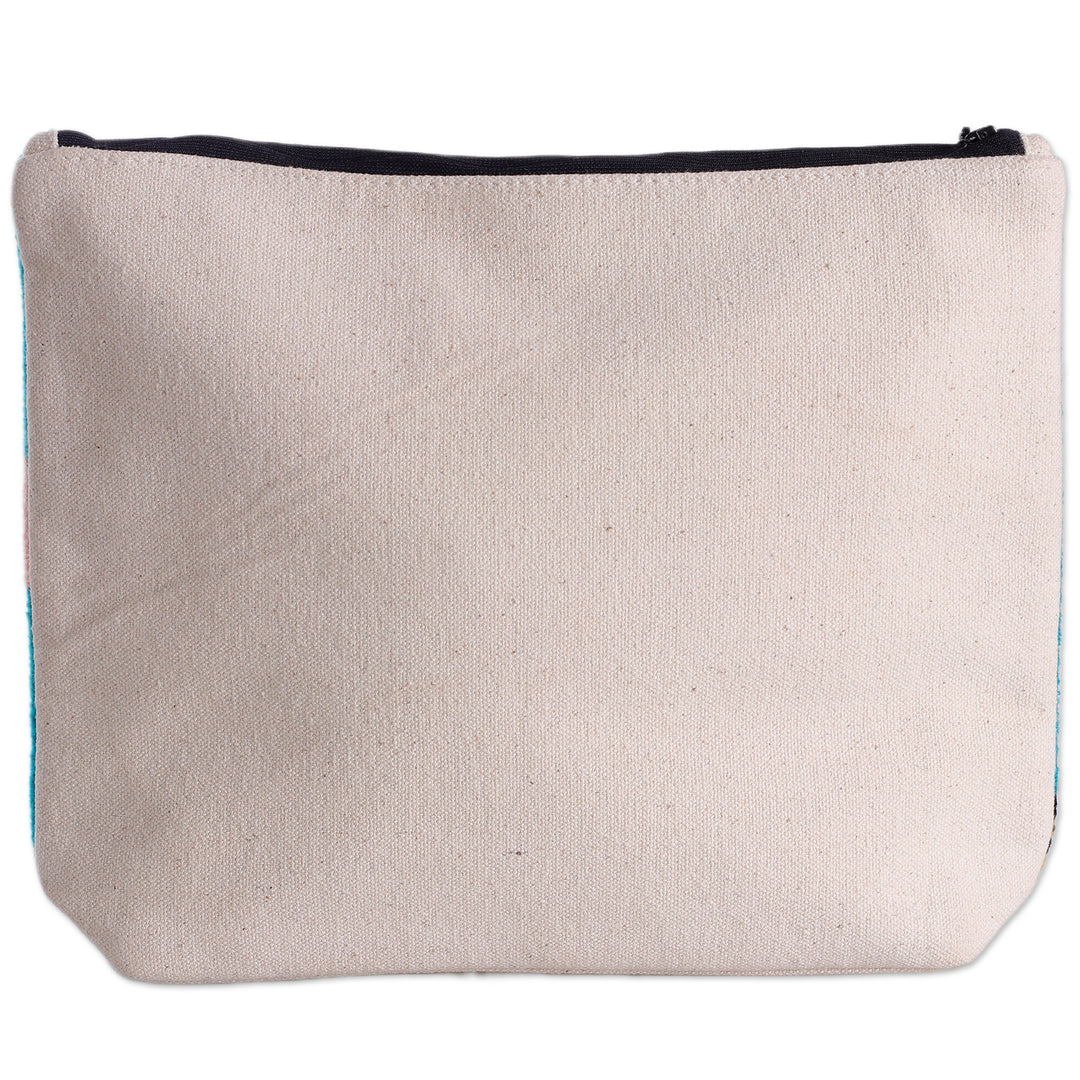Bold Embroidered Sky Blue Cotton Cosmetic Bag with Zipper - Ooh La La
