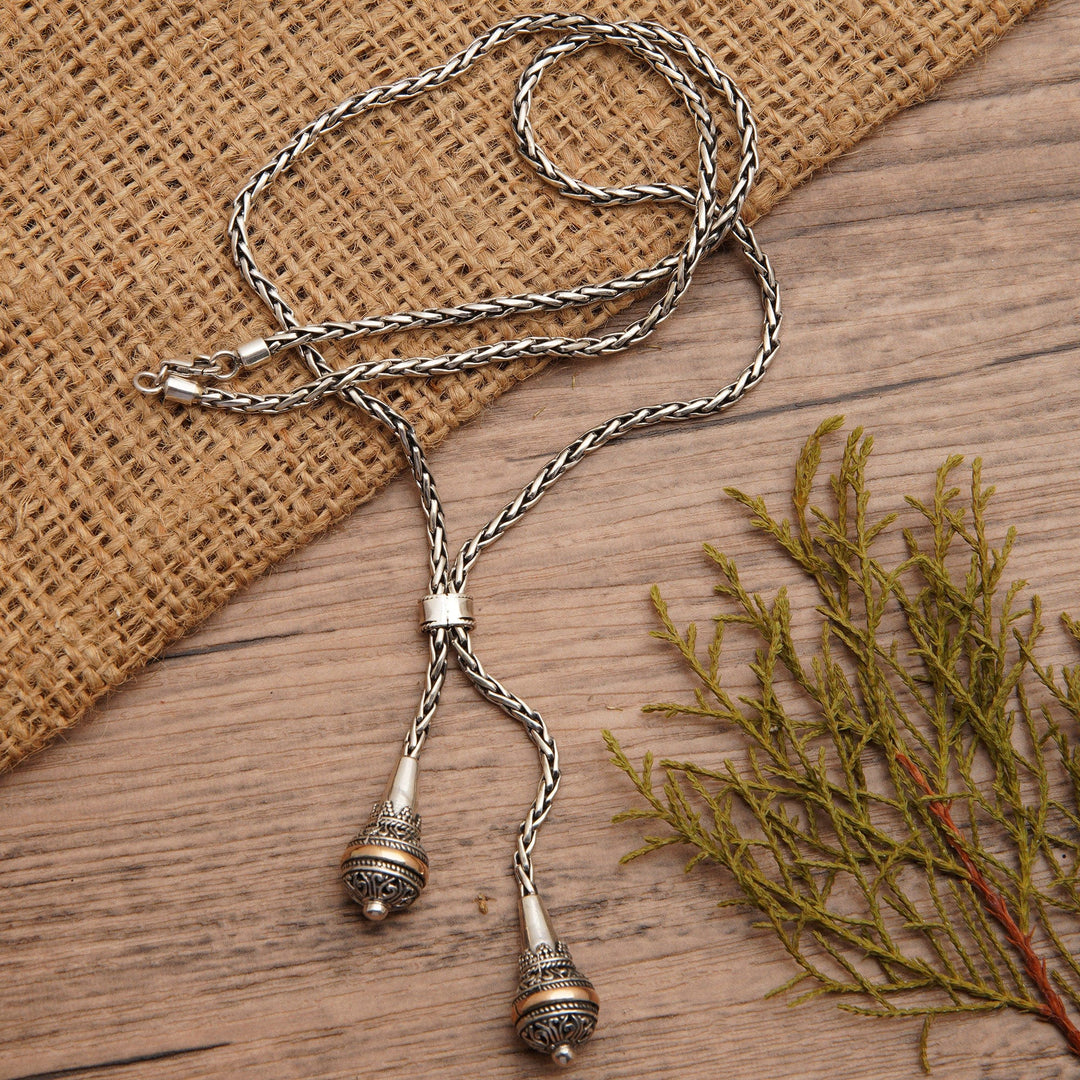 18k Gold-Accented Sterling Silver Lariat Necklace from Bali - Vihara Vibes