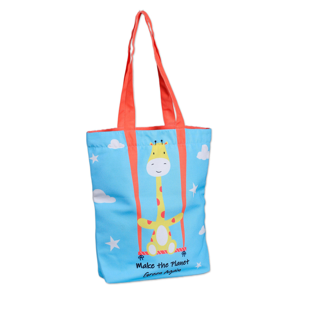 Printed Inspirational Giraffe-Themed Blue Cotton Tote Bag - Swing for the Planet