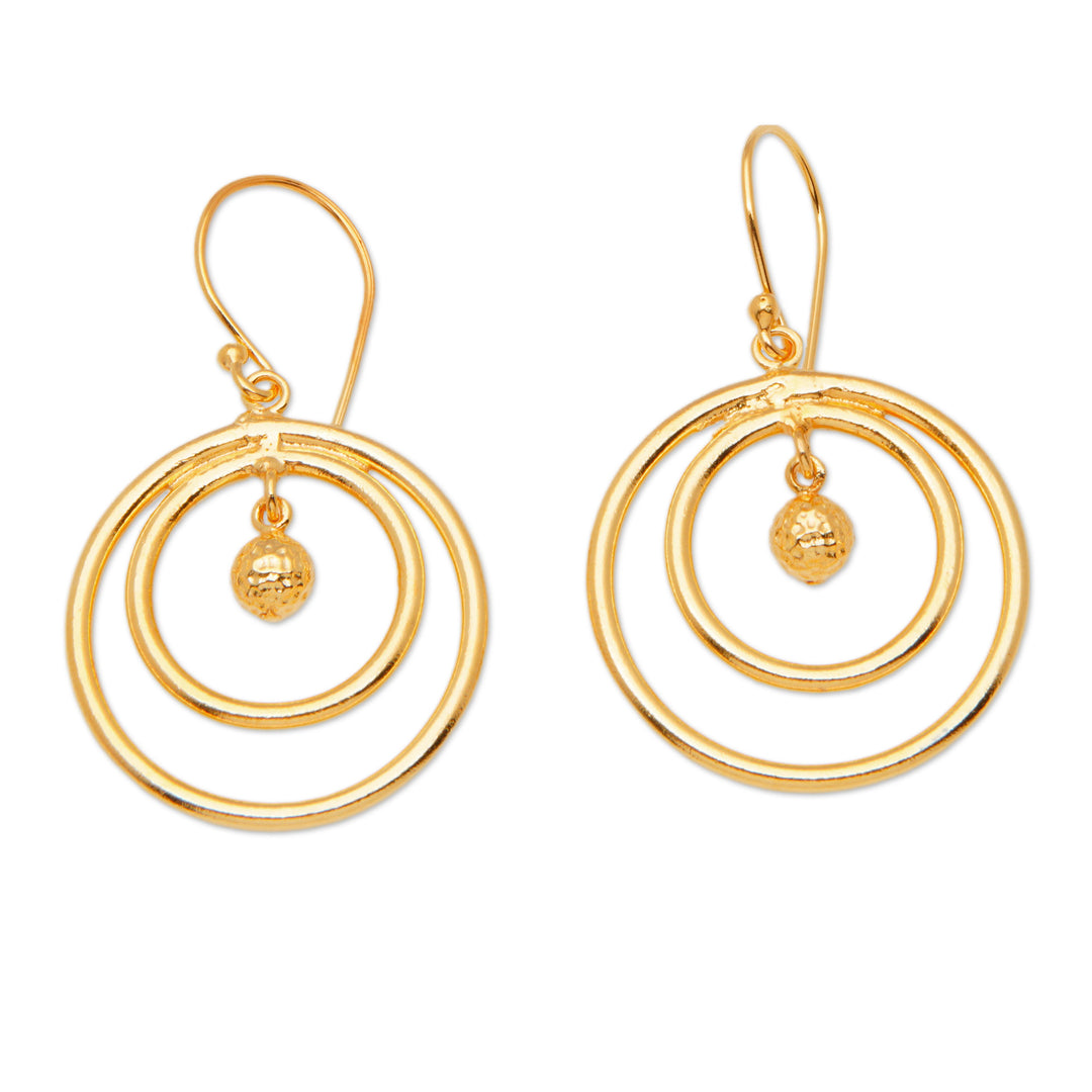 Round 18k Gold-Plated Brass Dangle Earrings from Bali - Swinging Sphere