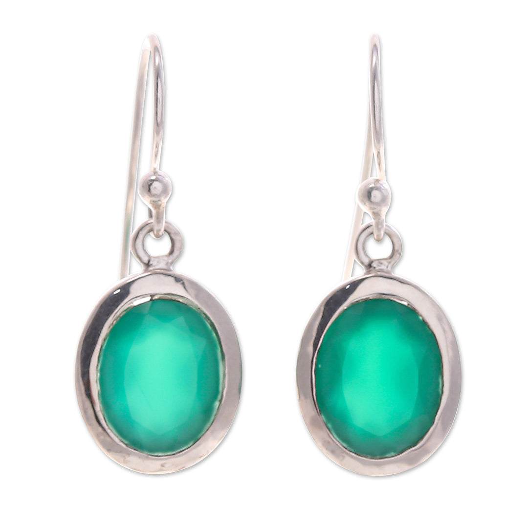 Polished Three-Carat Oval Chalcedony Dangle Earrings - Teal Focus