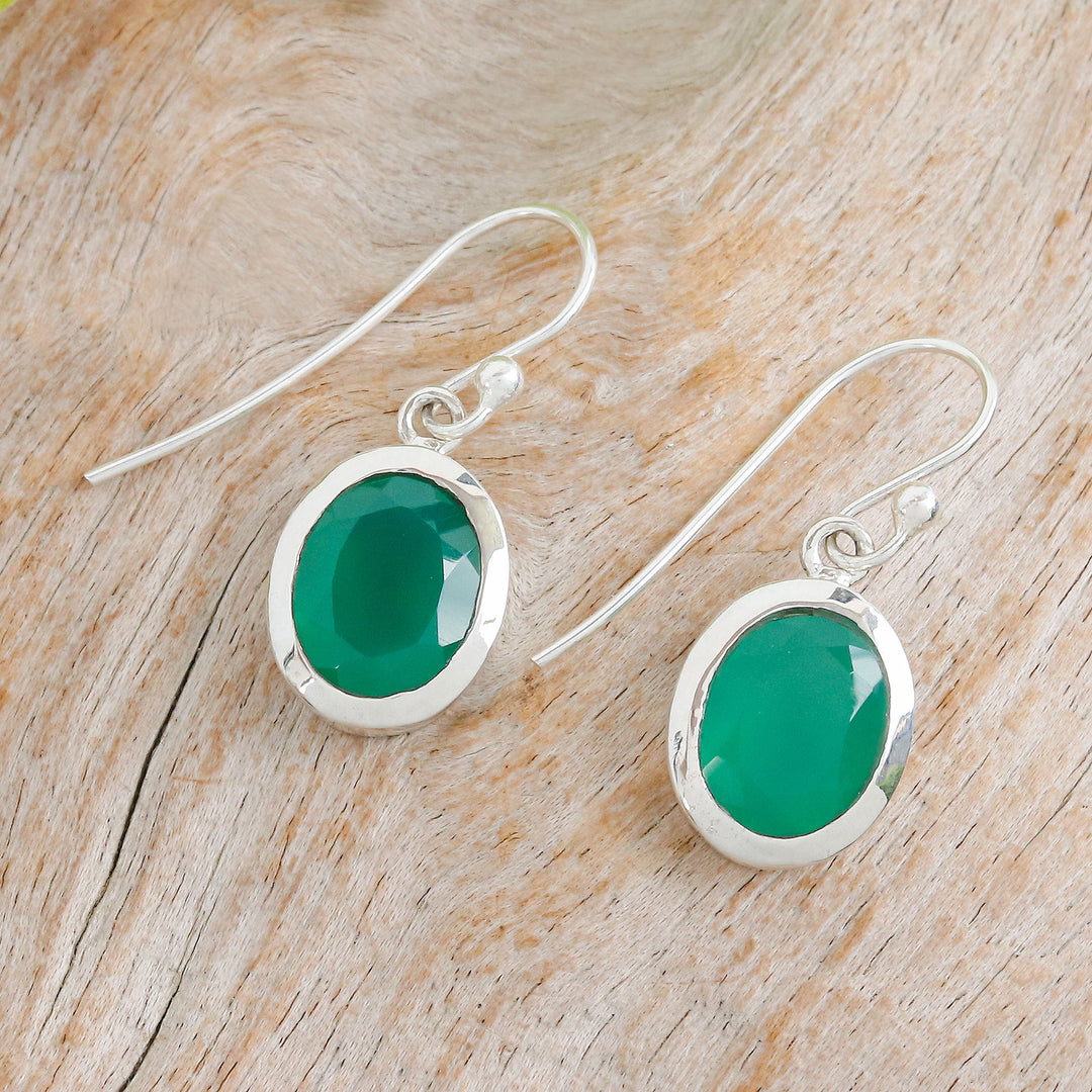 Polished Three-Carat Oval Chalcedony Dangle Earrings - Teal Focus