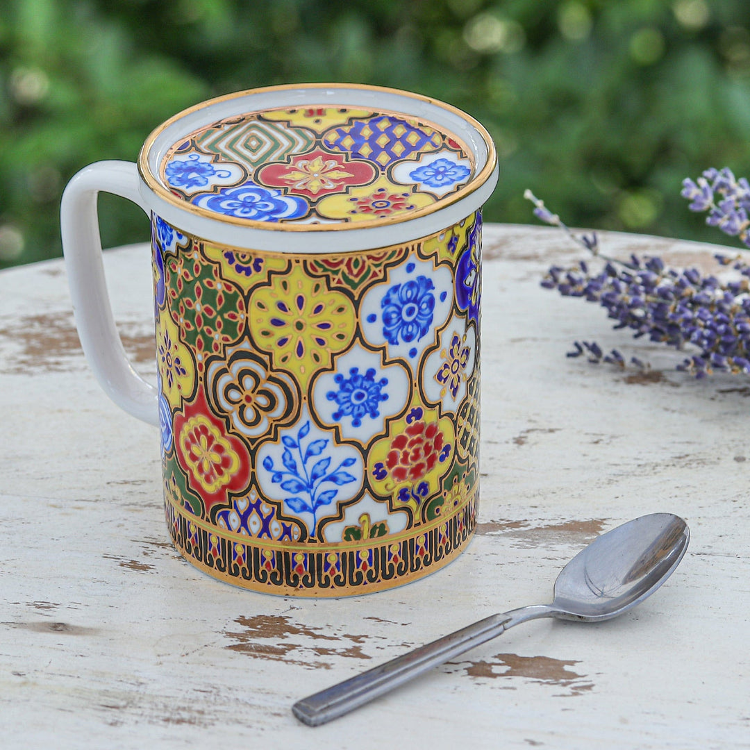 Gilded Hand-Painted Benjarong Porcelain Mug with Lid - Thai Splendor