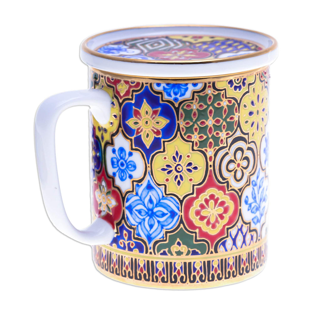 Gilded Hand-Painted Benjarong Porcelain Mug with Lid - Thai Splendor