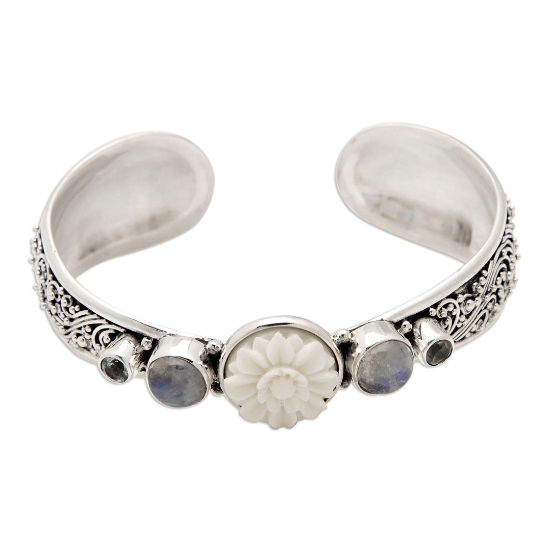 Traditional Blue Topaz and Rainbow Moonstone Cuff Bracelet - Charming Shades