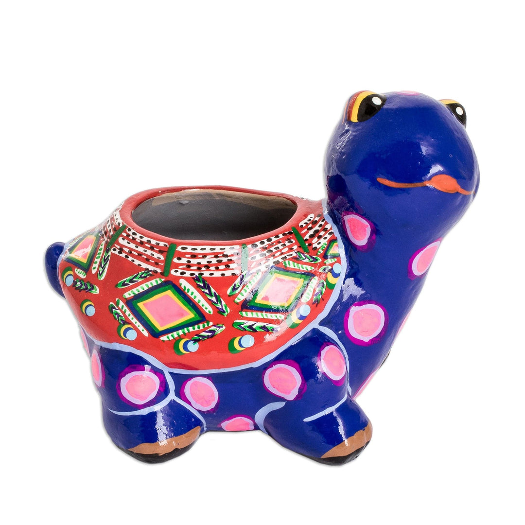 Hand-Painted Blue Ceramic Turtle Flower Pot from Guatemala - Herbaceous Turtle