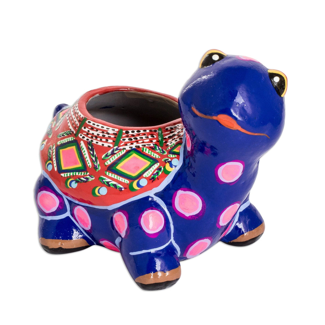 Hand-Painted Blue Ceramic Turtle Flower Pot from Guatemala - Herbaceous Turtle