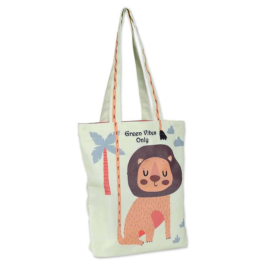 Printed Inspirational Lion-Themed Green Cotton Tote Bag - Lion's Advice