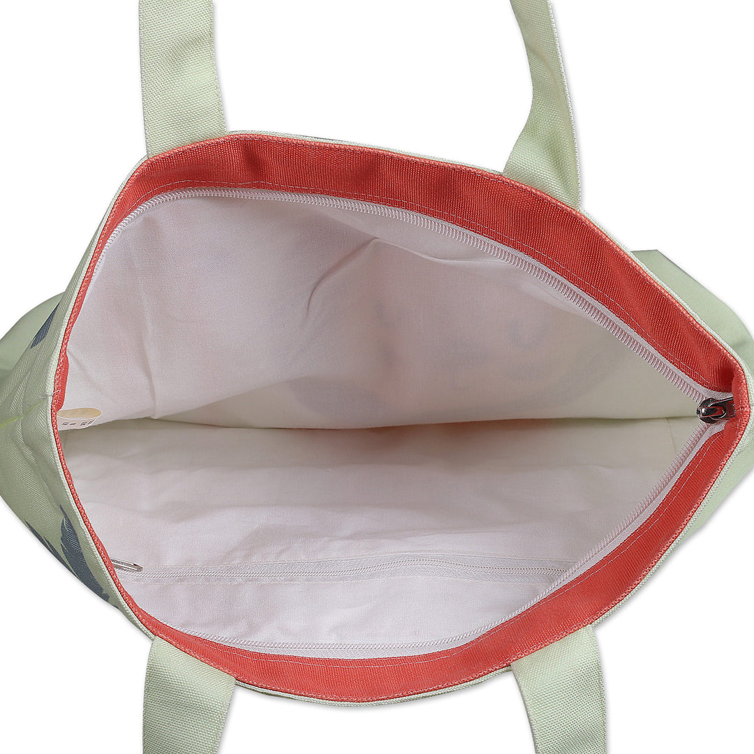 Printed Inspirational Lion-Themed Green Cotton Tote Bag - Lion's Advice