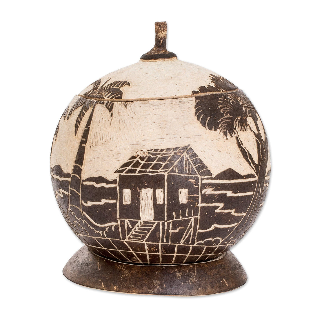 Handmade Round Dried Gourd Caribbean Town Decorative Accent - Caribbean Landscape