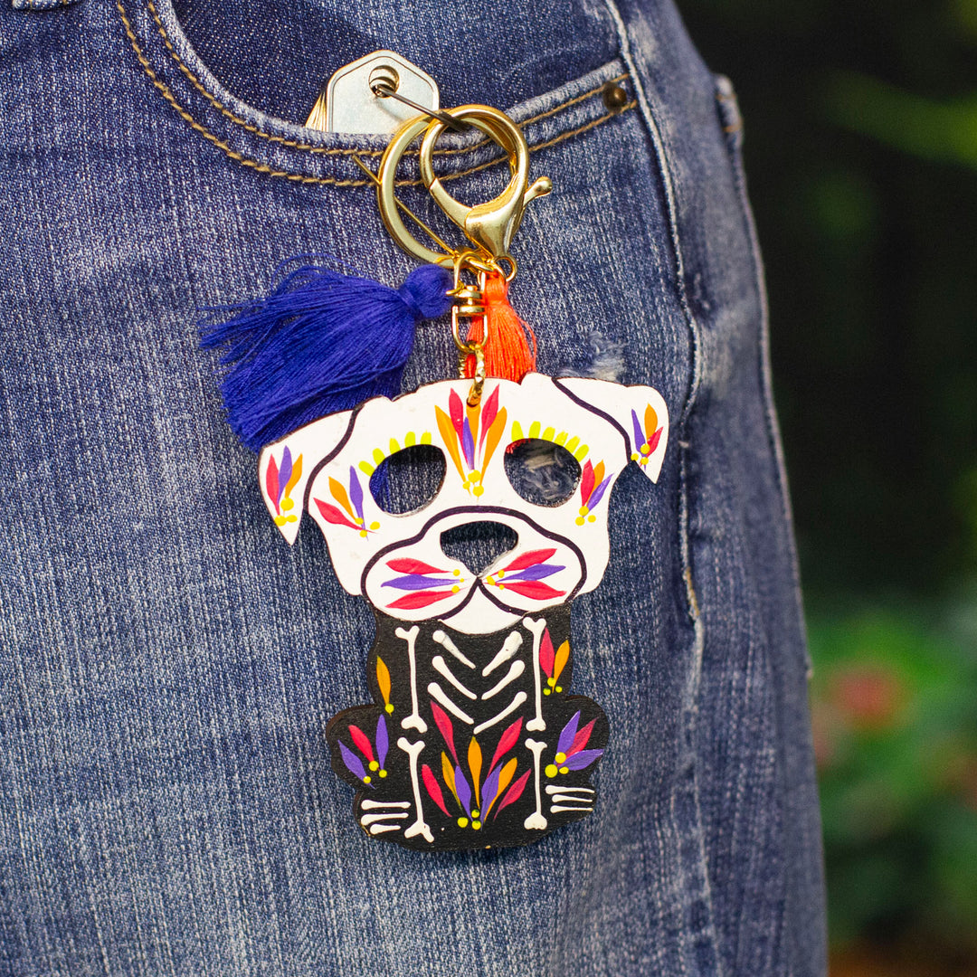 Hand-Painted Wood Day of the Dead Dog Keychain and Bag Charm - Day of the Dead Dog