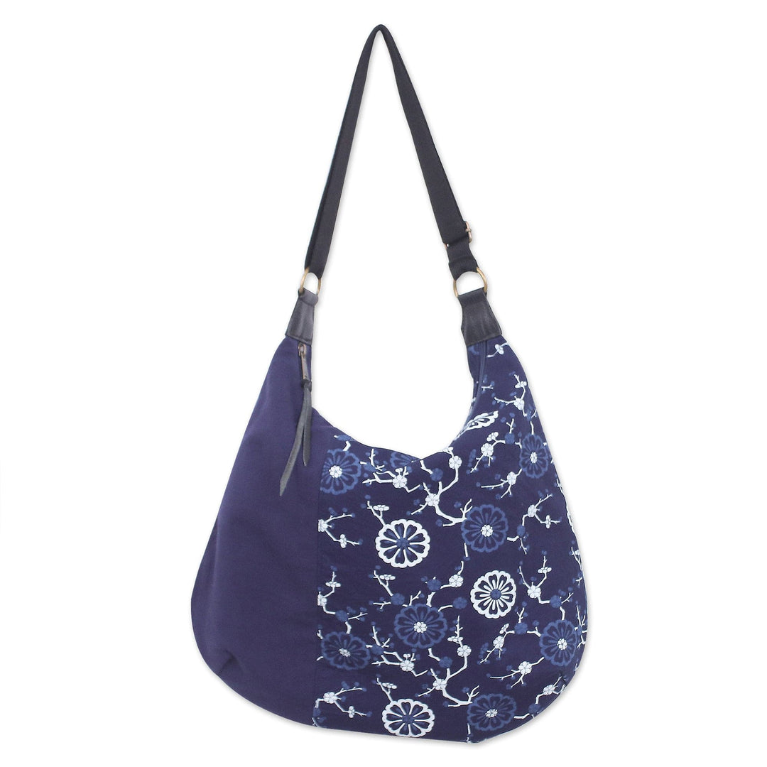 Floral Leather-Accented Adjustable Navy Cotton Shoulder Bag - Blossoming Navy