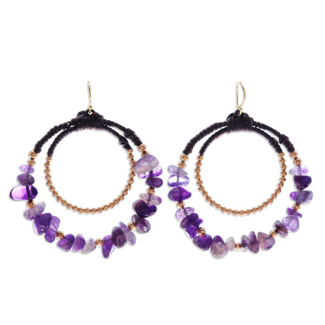 Polished Brass and Amethyst Beaded Dangle Earrings - Wise Goddess