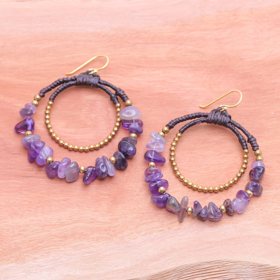 Polished Brass and Amethyst Beaded Dangle Earrings - Wise Goddess