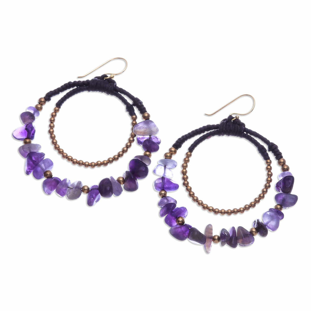 Polished Brass and Amethyst Beaded Dangle Earrings - Wise Goddess