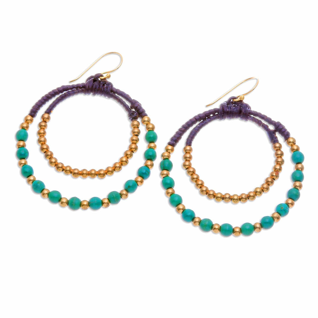 Magnesite and Brass Beaded Double Hoop Dangle Earrings - Sea Green Glam