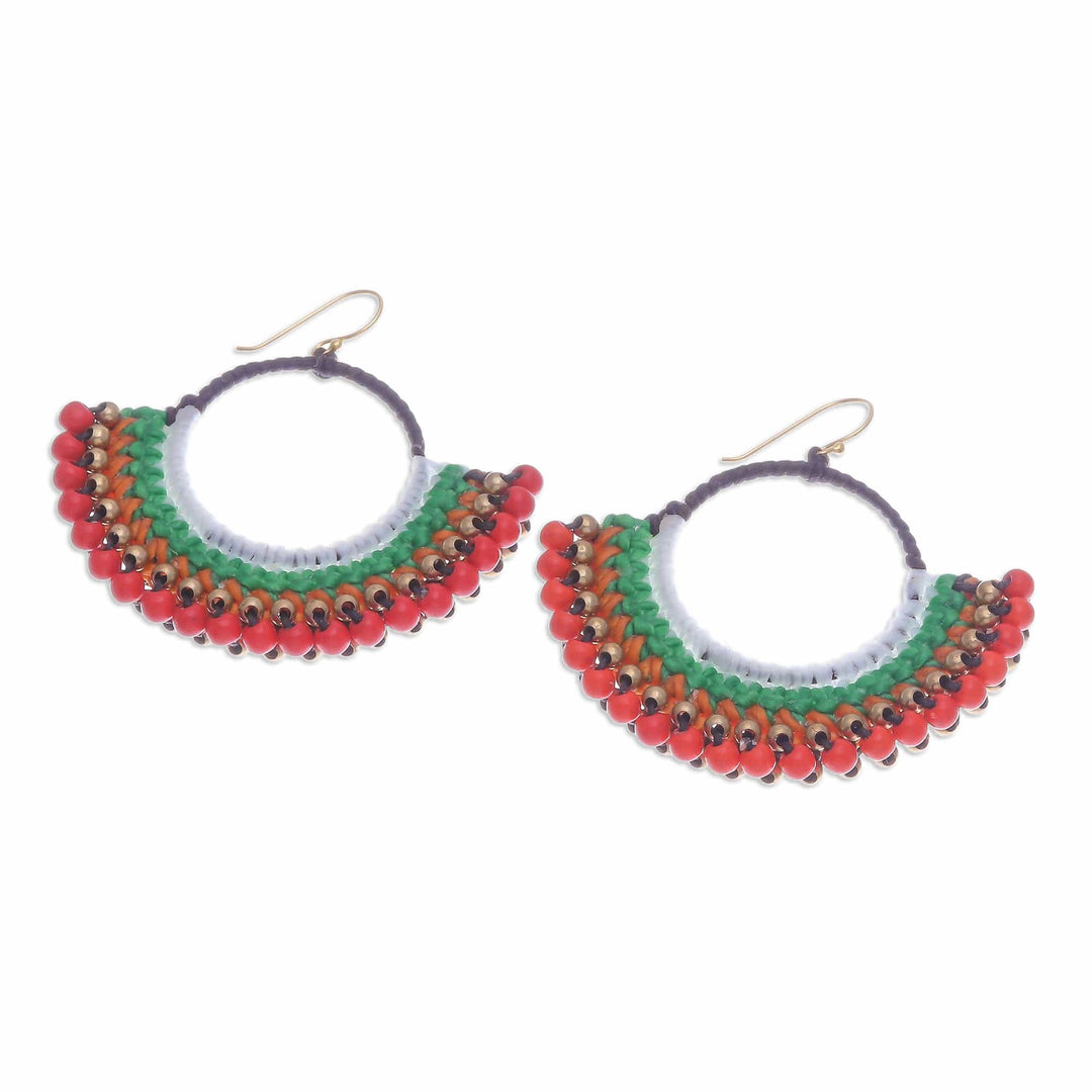 Colorful Macrame Dangle Earrings with Red Magnesite Beads - Tropical Nimbus