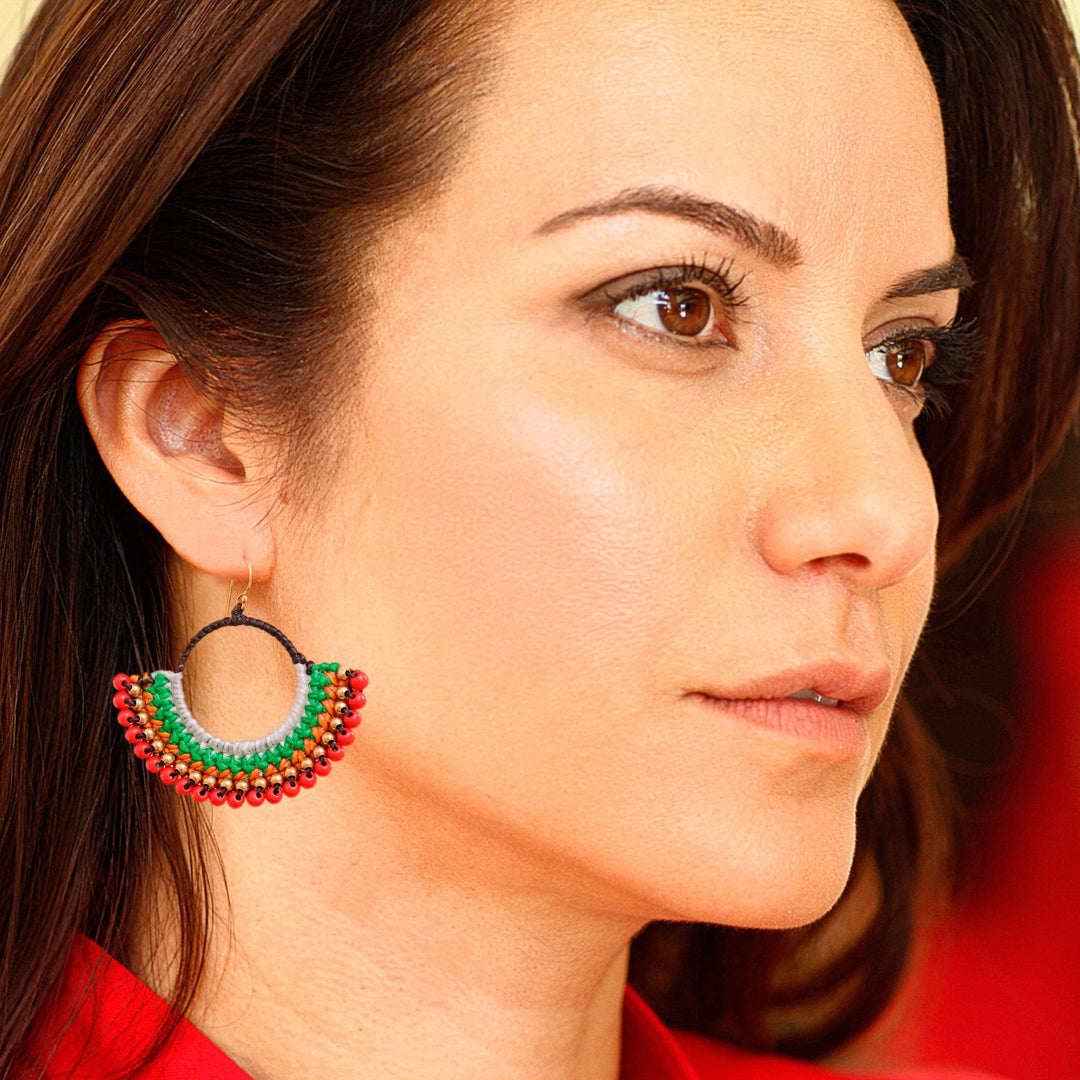 Colorful Macrame Dangle Earrings with Red Magnesite Beads - Tropical Nimbus