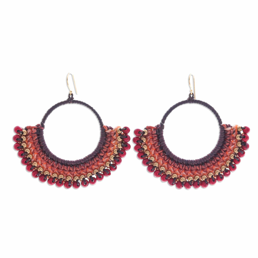 Brown Macrame Dangle Earrings with Red Magnesite Beads - Passionate Nimbus