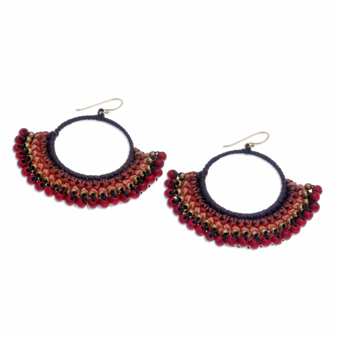 Brown Macrame Dangle Earrings with Red Magnesite Beads - Passionate Nimbus