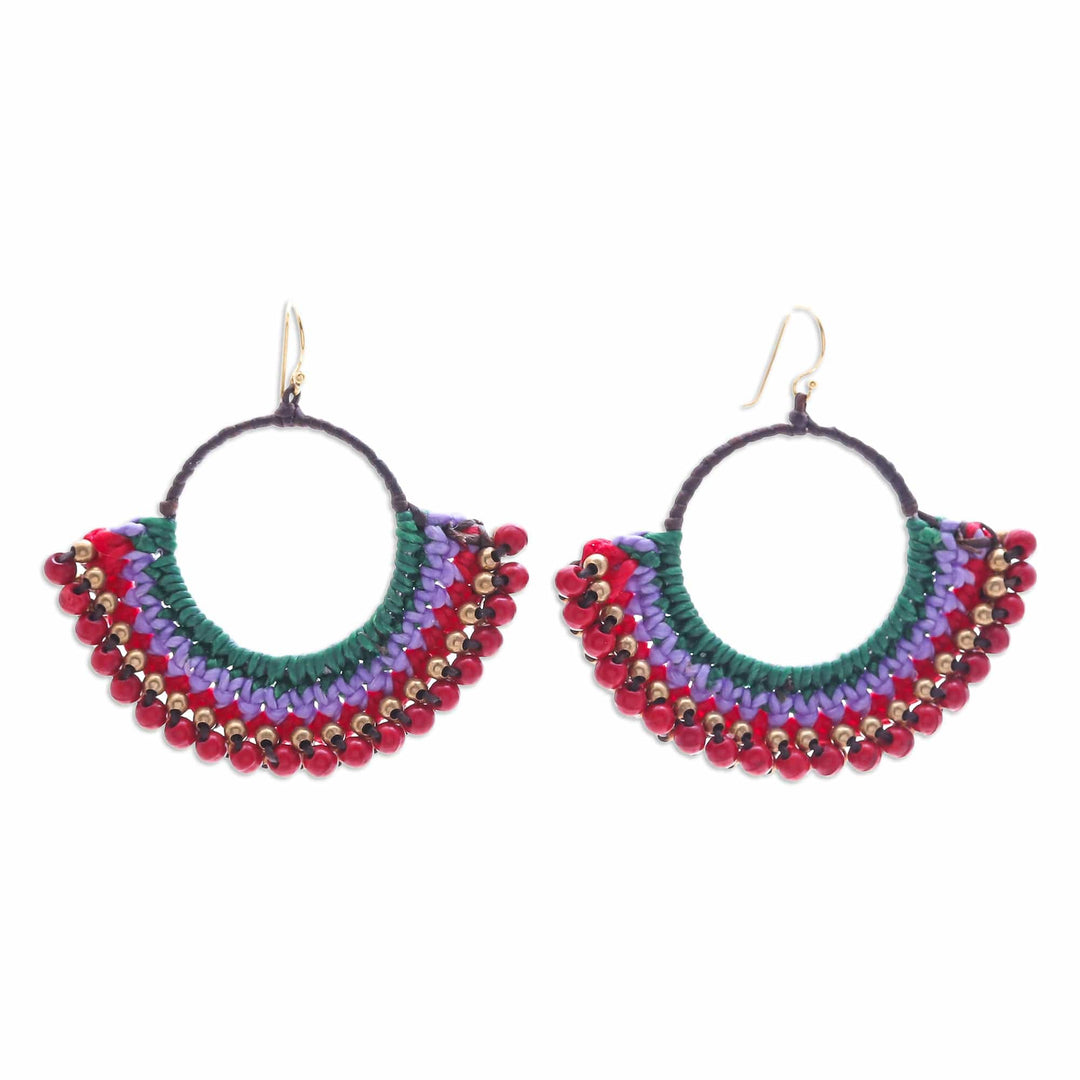 Green Macrame Dangle Earrings with Red Magnesite Beads - Audacious Nimbus
