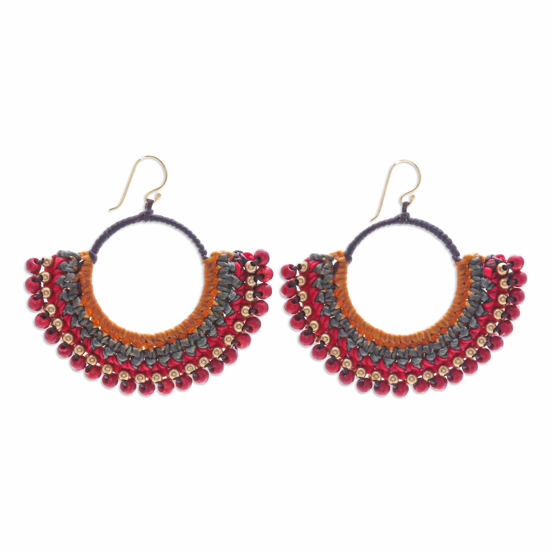 Brown Macrame Dangle Earrings with Red Magnesite Beads - Alluring Nimbus