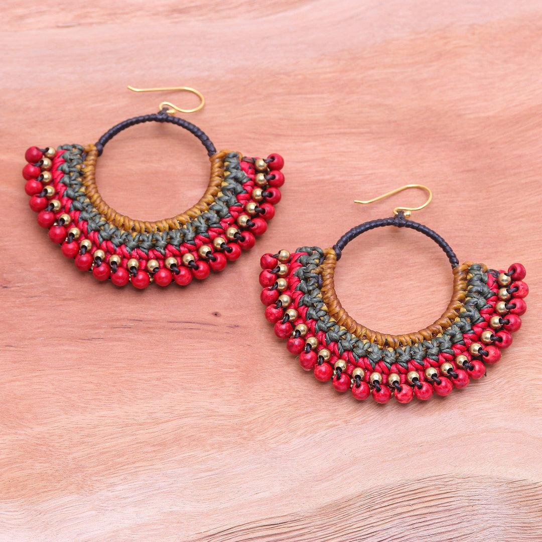 Brown Macrame Dangle Earrings with Red Magnesite Beads - Alluring Nimbus