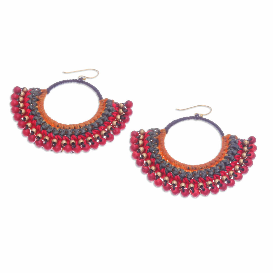 Brown Macrame Dangle Earrings with Red Magnesite Beads - Alluring Nimbus