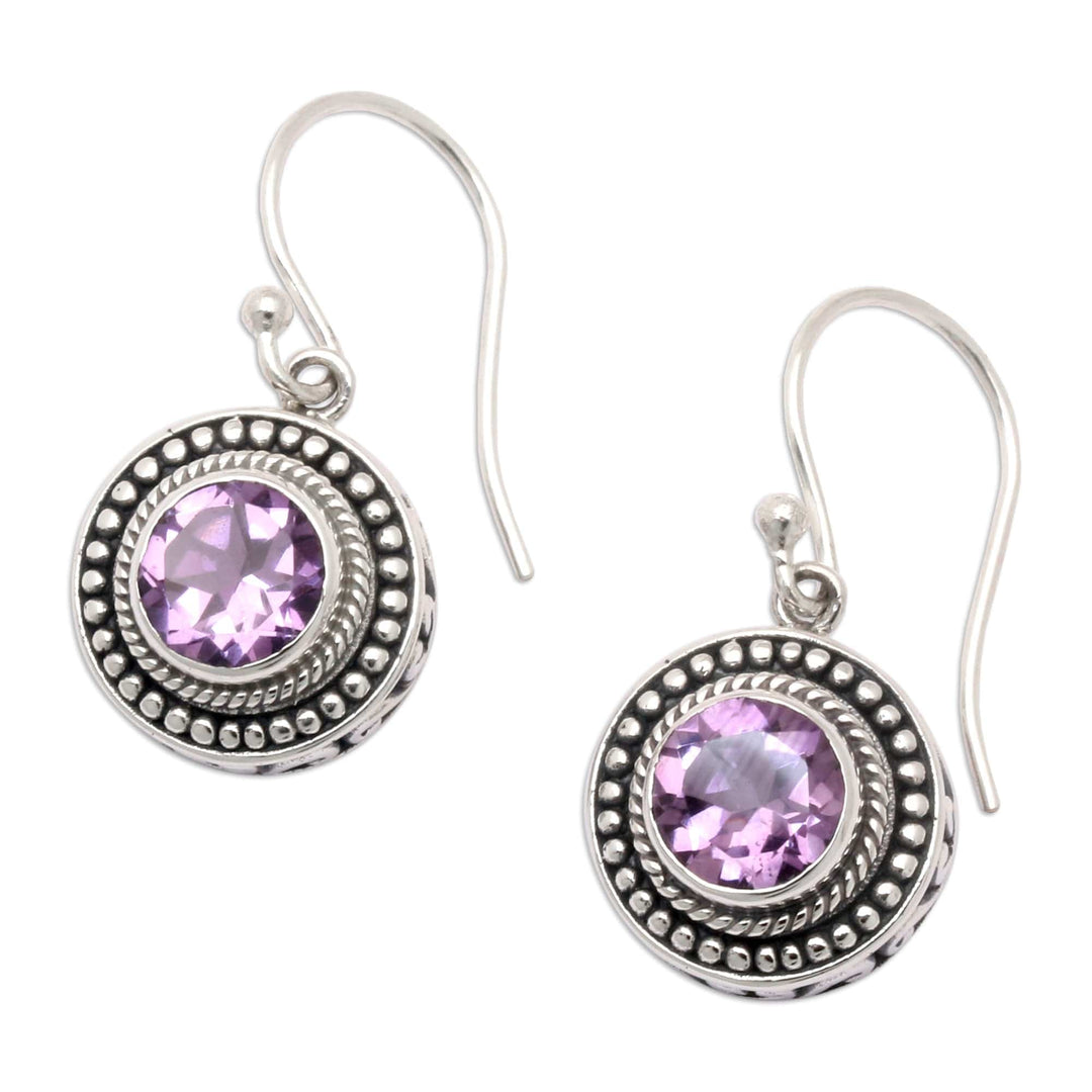 Balinese Round Sterling Silver and Amethyst Dangle Earrings - Fascinated Gaze