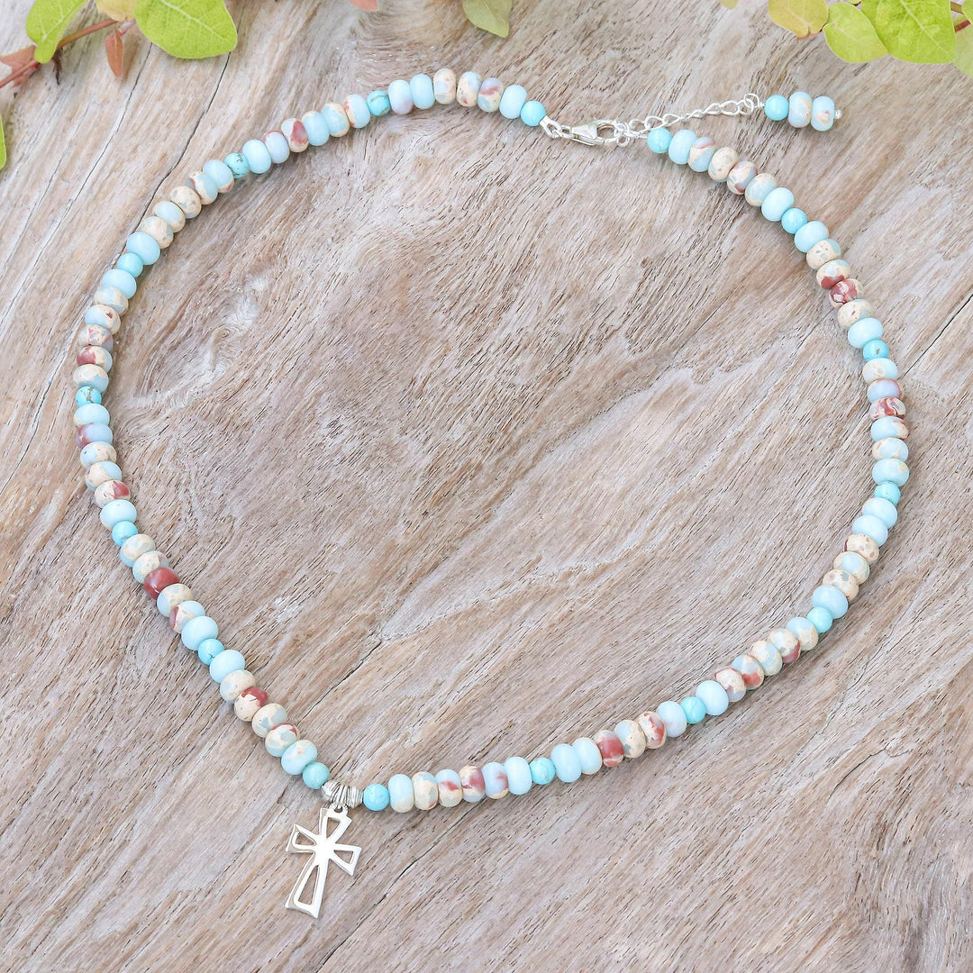Jasper and Variscite Beaded Necklace with Cross Pendant - Wealth & Faith