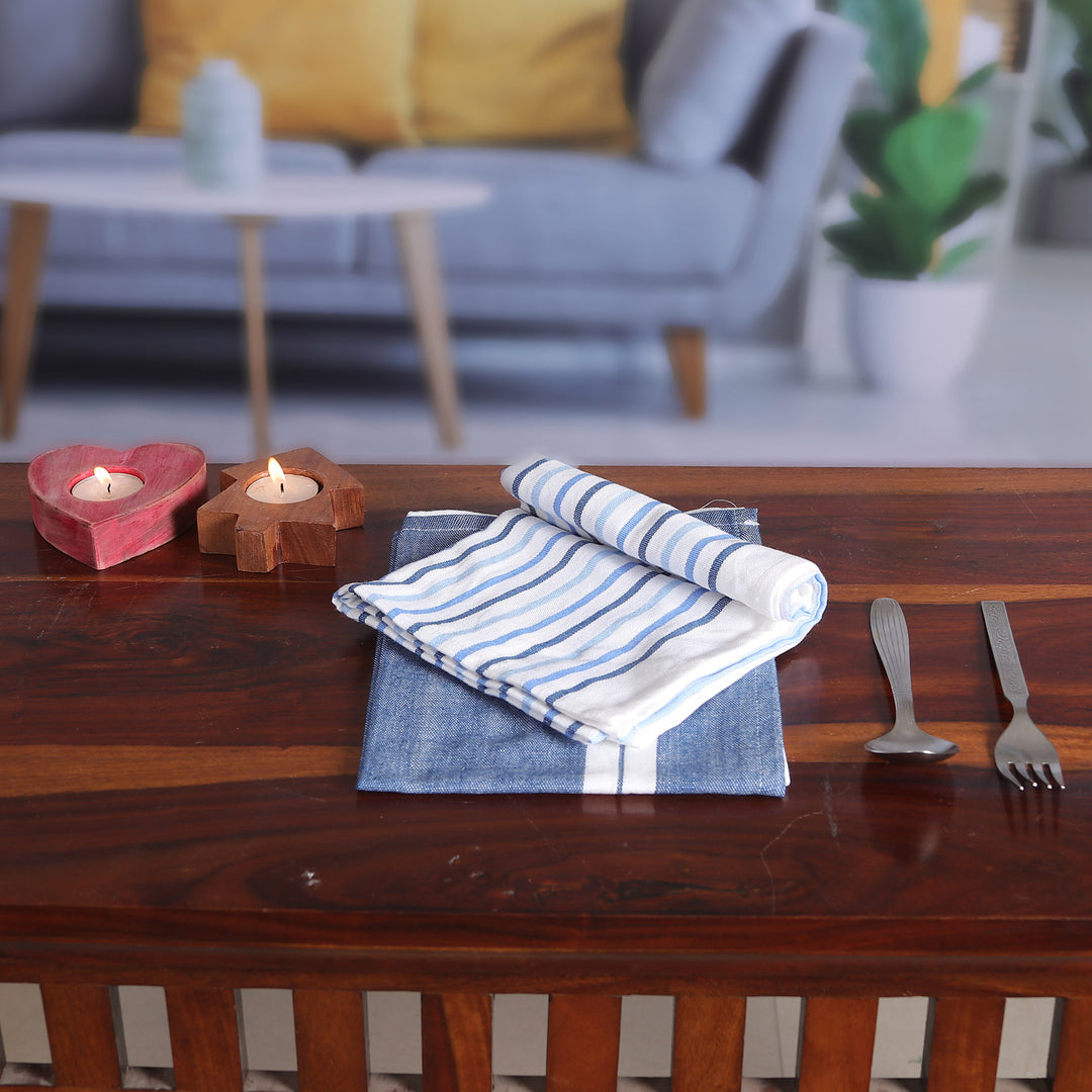 Set of 2 Handwoven Blue and White Striped Cotton Dish Towels - Blue Taste