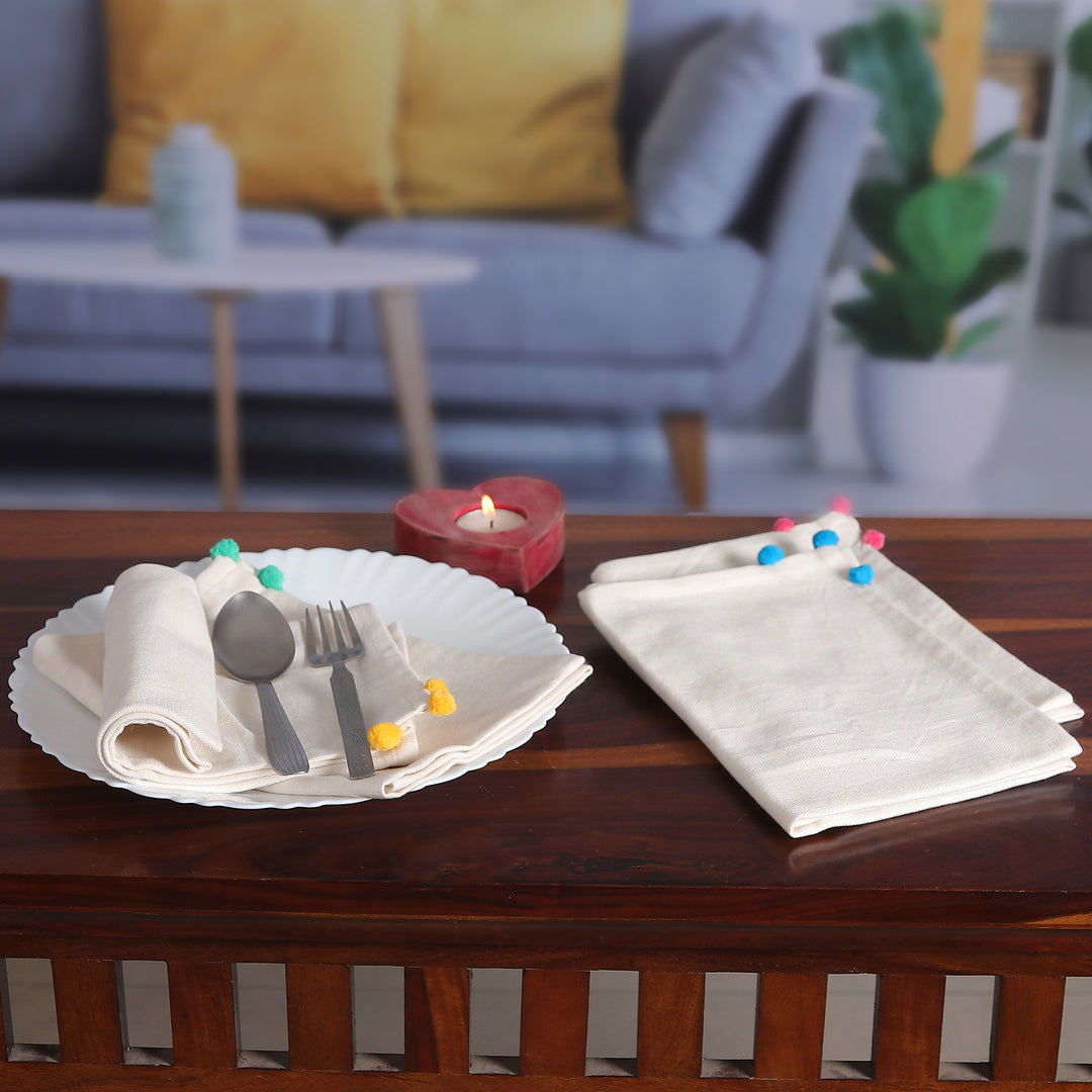 Set of 4 Handwoven Cotton Napkins with Colorful Fabric Beads - Bubble Meals