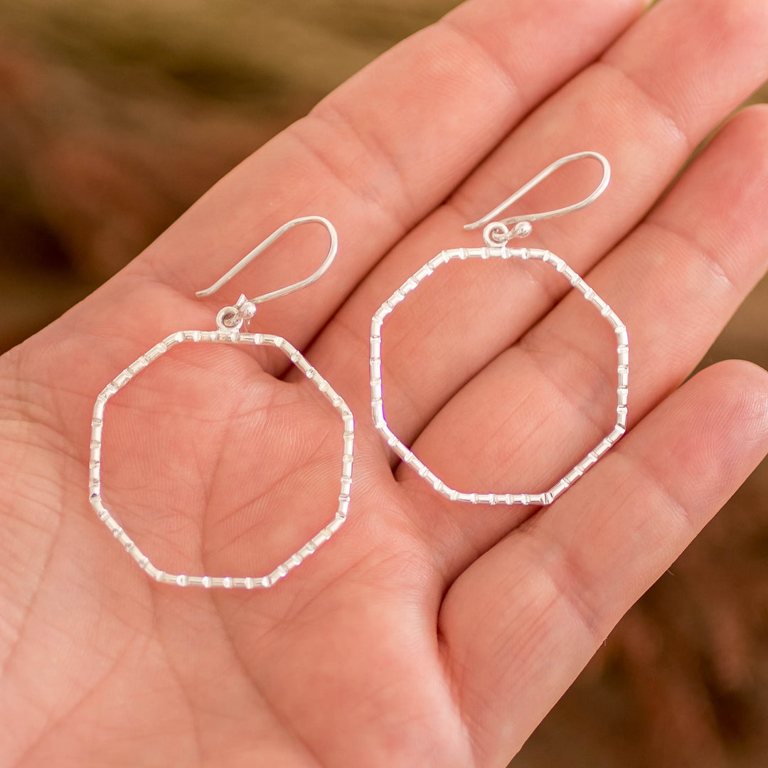 Modern Striped Octagonal Sterling Silver Dangle Earrings - Octagonal Shine
