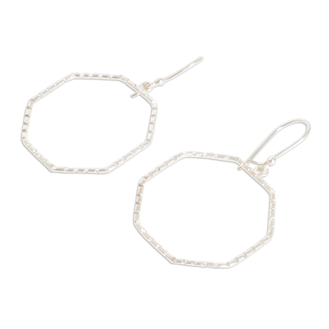 Modern Striped Octagonal Sterling Silver Dangle Earrings - Octagonal Shine