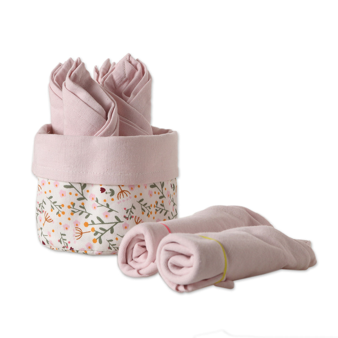Set of 6 Pink Cotton Napkins with Floral White Basket - Gentle Pink