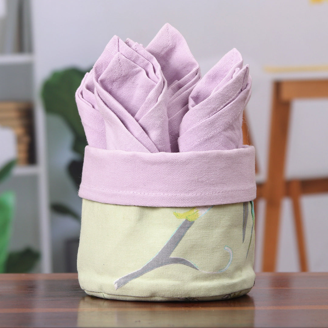 Set of 6 Purple Cotton Napkins with Leafy Green Basket - Gentle Purple