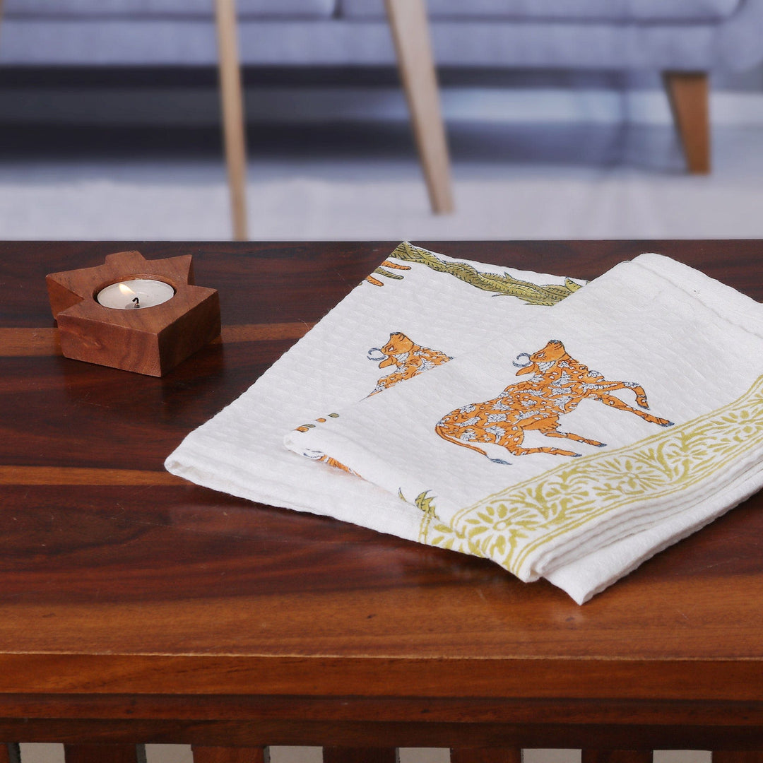 2 Hand-Block Printed Cow and Banana Tree Cotton Dish Towels - Icons of India