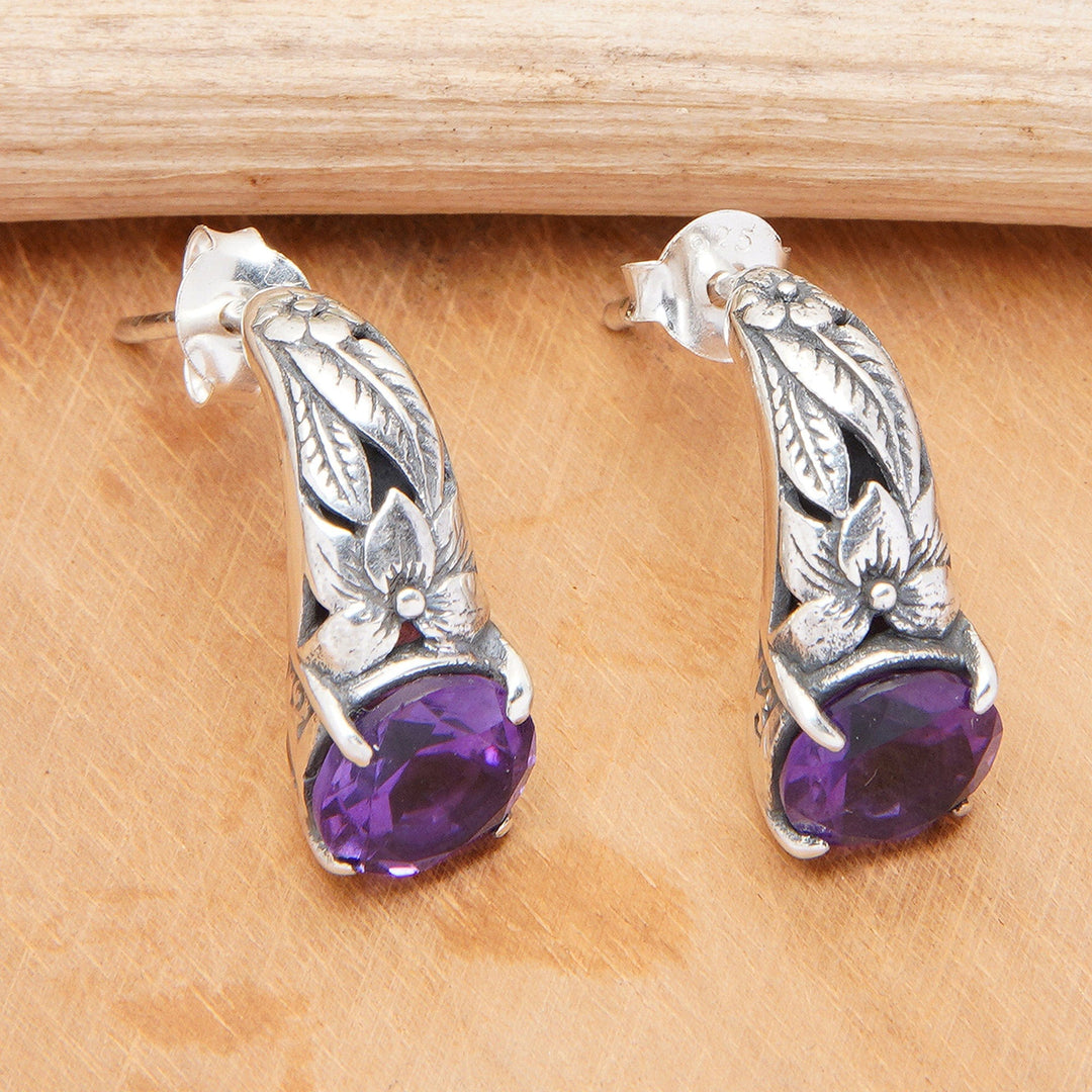 Floral and Leafy Faceted Two-Carat Amethyst Drop Earrings - Nature's Archs in Purple