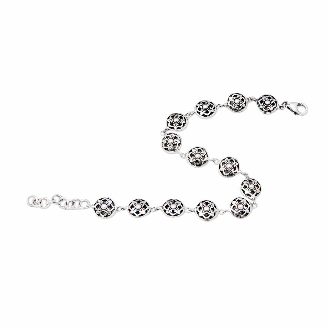 Polished Floral Sterling Silver Link Bracelet from Bali - Flower Heart