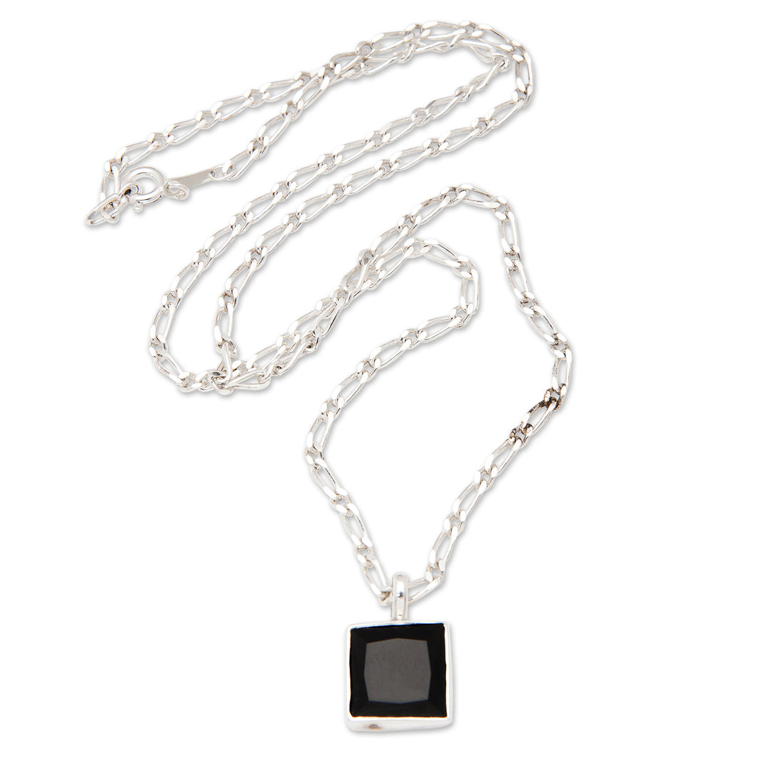 Modern Sterling Silver Necklace with Square Onyx Pendant - Night Pond