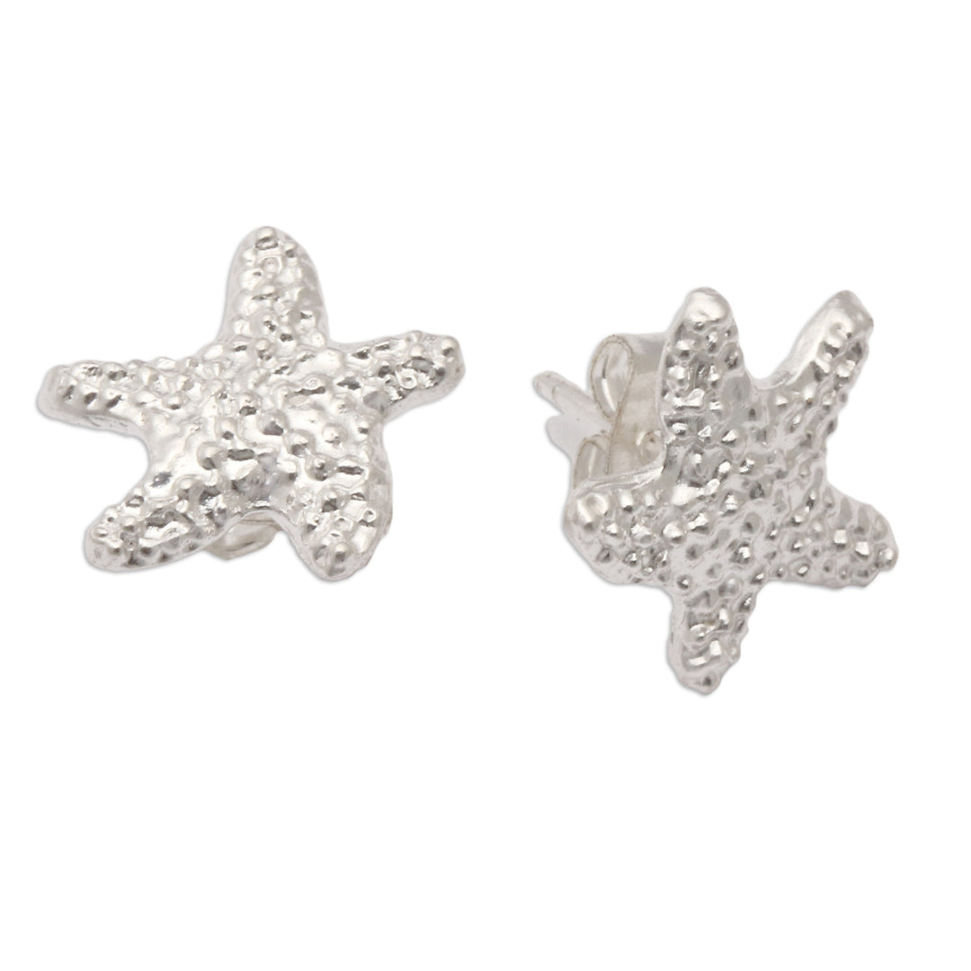 Textured Sterling Silver Starfish Stud Earrings from Bali - Starfish Splendor