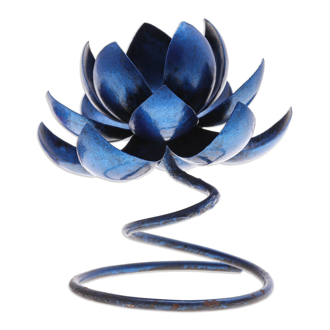Handmade Steel & Iron Lotus Flower Tealight Holder in Blue - Lotus Flame in Blue