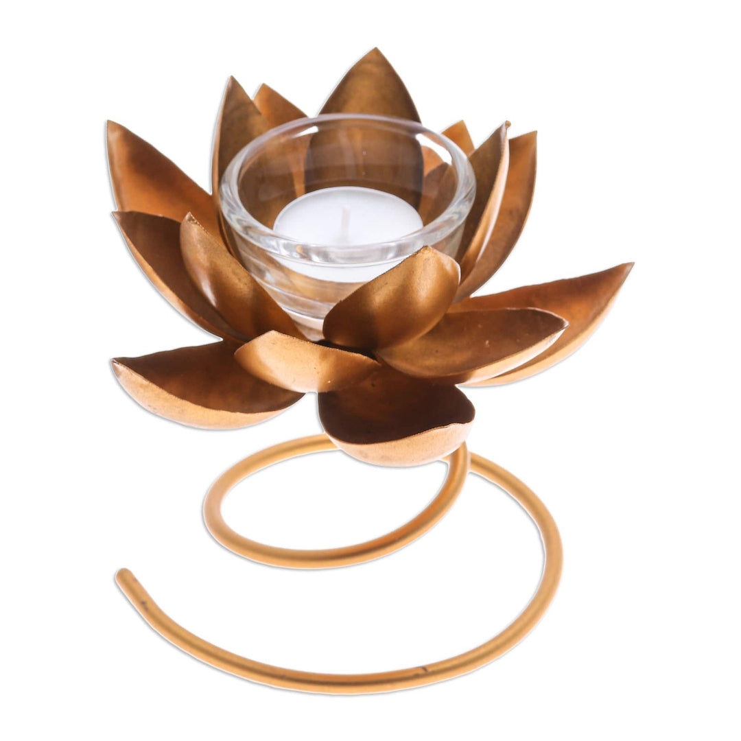 Handmade Steel & Iron Lotus Flower Tealight Holder in Gold - Lotus Flame in Gold